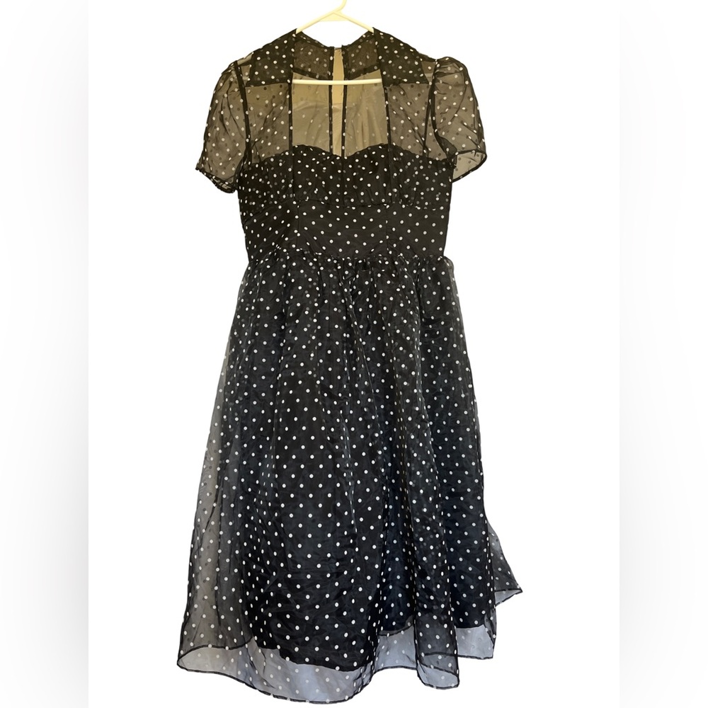 Unique Vintage Black and White Polka Dot Midi Dress XL Size 14